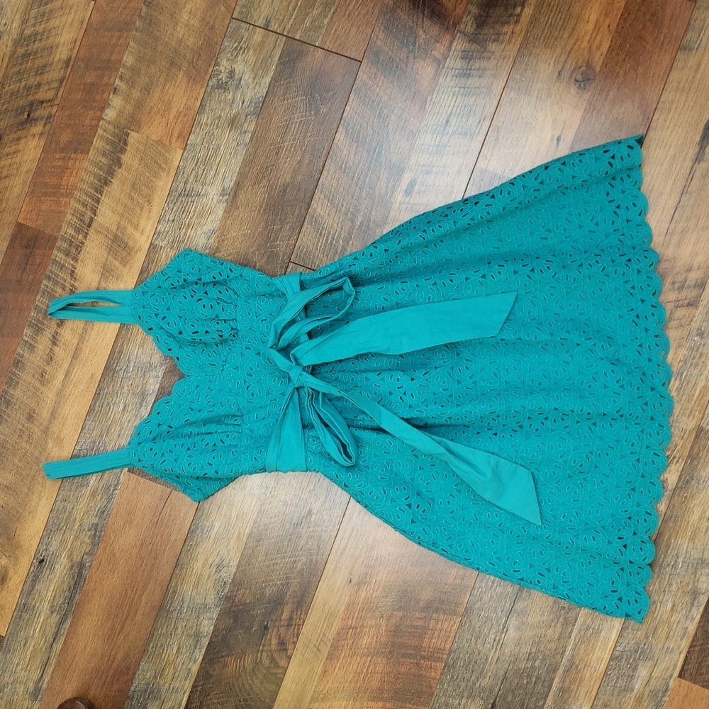 Lu Lu Lame Teal Blue Lace Sleeveless Mini Dress With Bow Waist Tie, Size XS